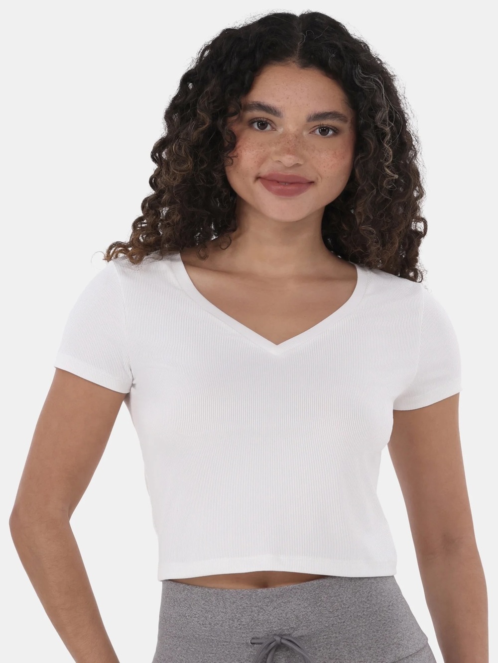 White Ribbed V-Neck Short Sleeve Crop Top